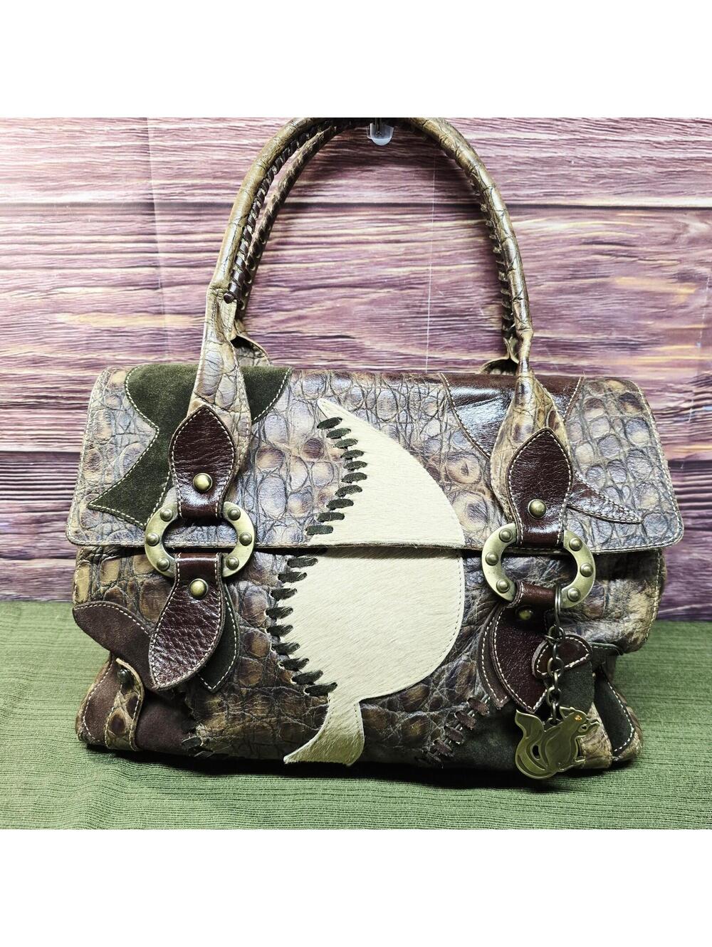 Arcadia Italy Genuine Leather Satchel Handbag Brown Croc Embossed Patchwork...